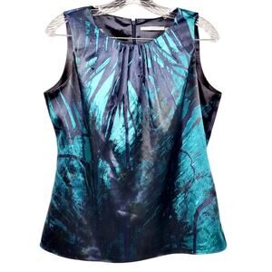 T Tahari Aqua Blue and Black Satin Ruched Neck Sleeves Cami Blouse Women's MP